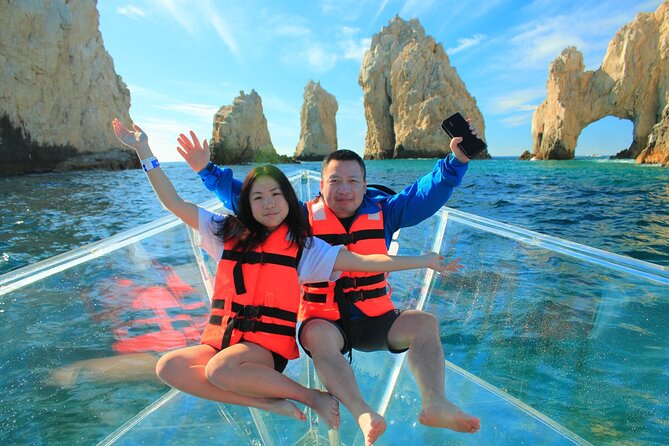 Tour to Arch in the only Clear Boat in Cabo Cruise Hotel PICKUP! - Riding the clear boat toward El Arco